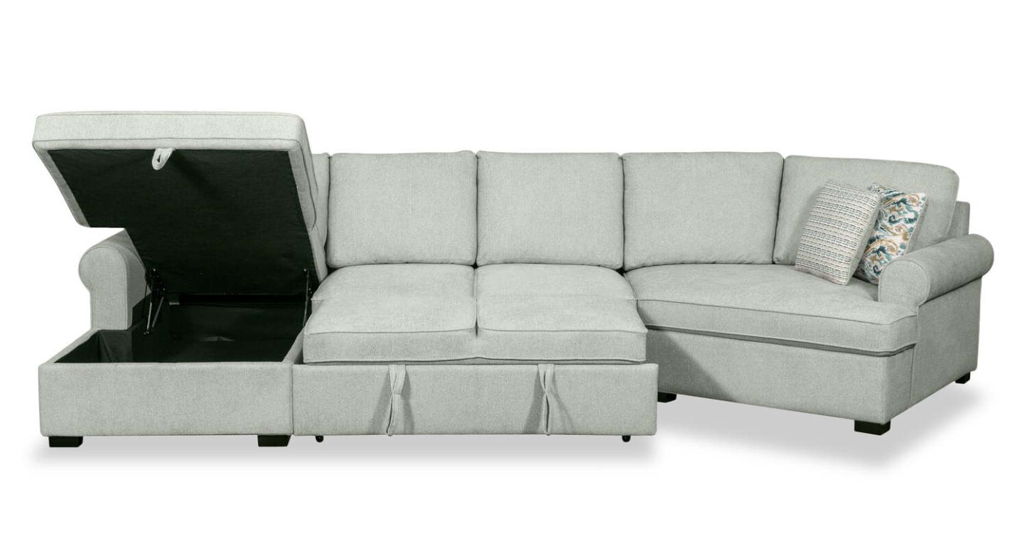 Scott Living Haven 3-Piece Right-Facing Chenille Fabric Cuddler Sleeper Sectional with Storage - Seafoam Blue | Canapé-lit sectionnel enveloppant de droite Haven de Scott Living 3 pièces en tissu de chenille avec rangement - écume de mer