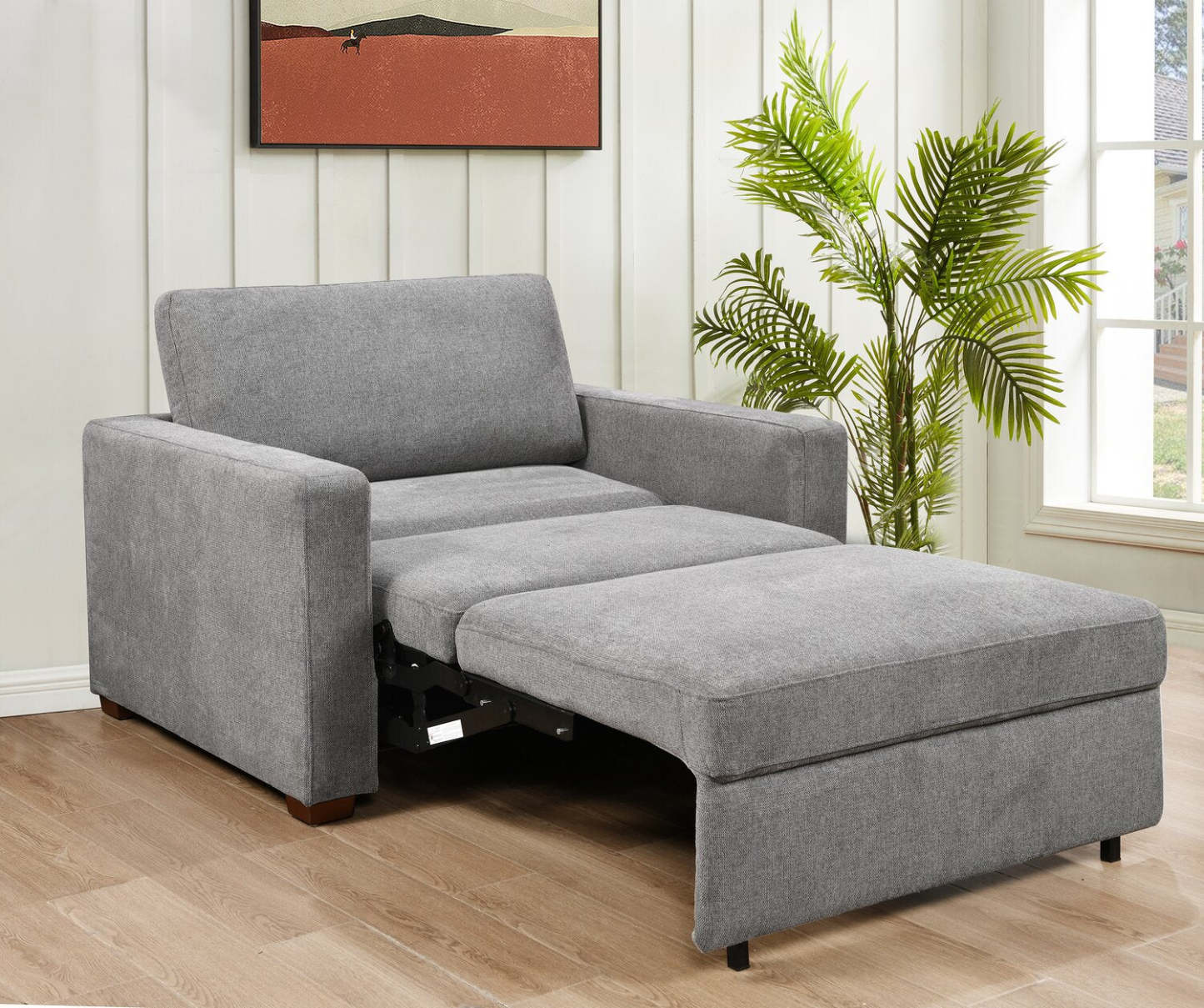 Fauteuil-lit Dusk de 52 po en tissu d’apparence lin avec accoudoirs rectilignes - gris