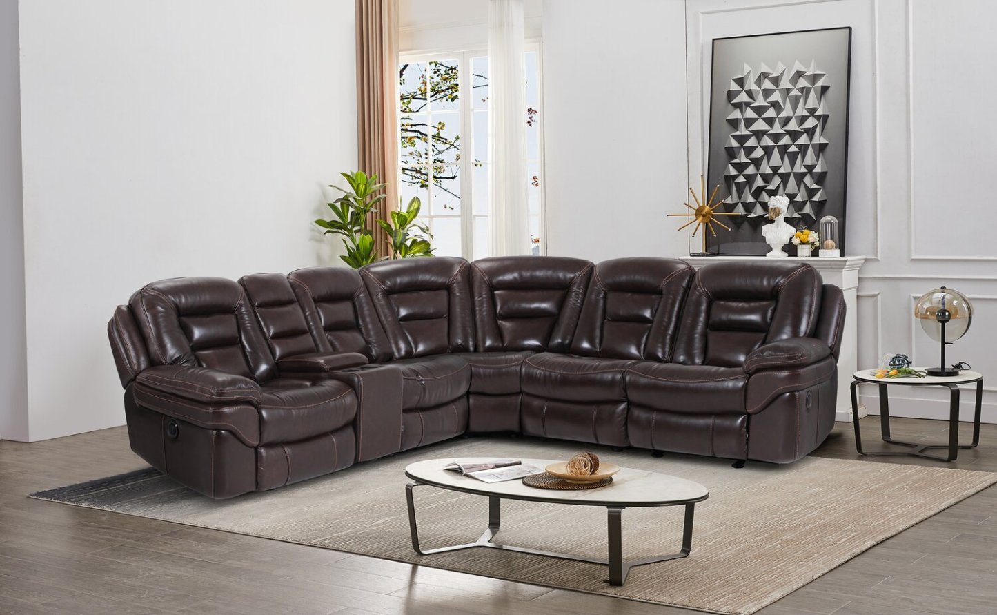 Sofa sectionnel à inclinaison électrique Leo 6 pièces en cuir véritable avec console de rangement et 2 porte-gobelets - brun noyer
