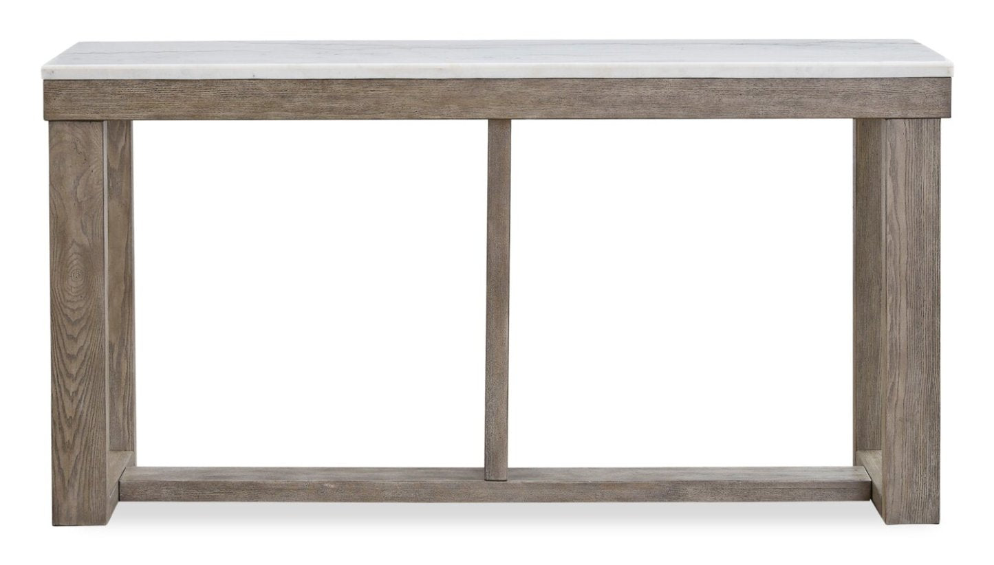 Corsa 64 Modern Sofa Table - Dessus en marbre avec base en bois gris brun|Table de salon moderne Corsa de 64 po - dessus en marbre avec base en bois gris-brun