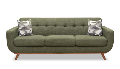 Sofa en tissu d’apparence lin Freeman 88 de Kort & Co. avec base en bois et coussins de dossier capitonnés - vert avocat