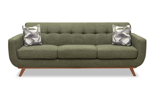 Sofa en tissu d’apparence lin Freeman 88 de Kort & Co. avec base en bois et coussins de dossier capitonnés - vert avocat