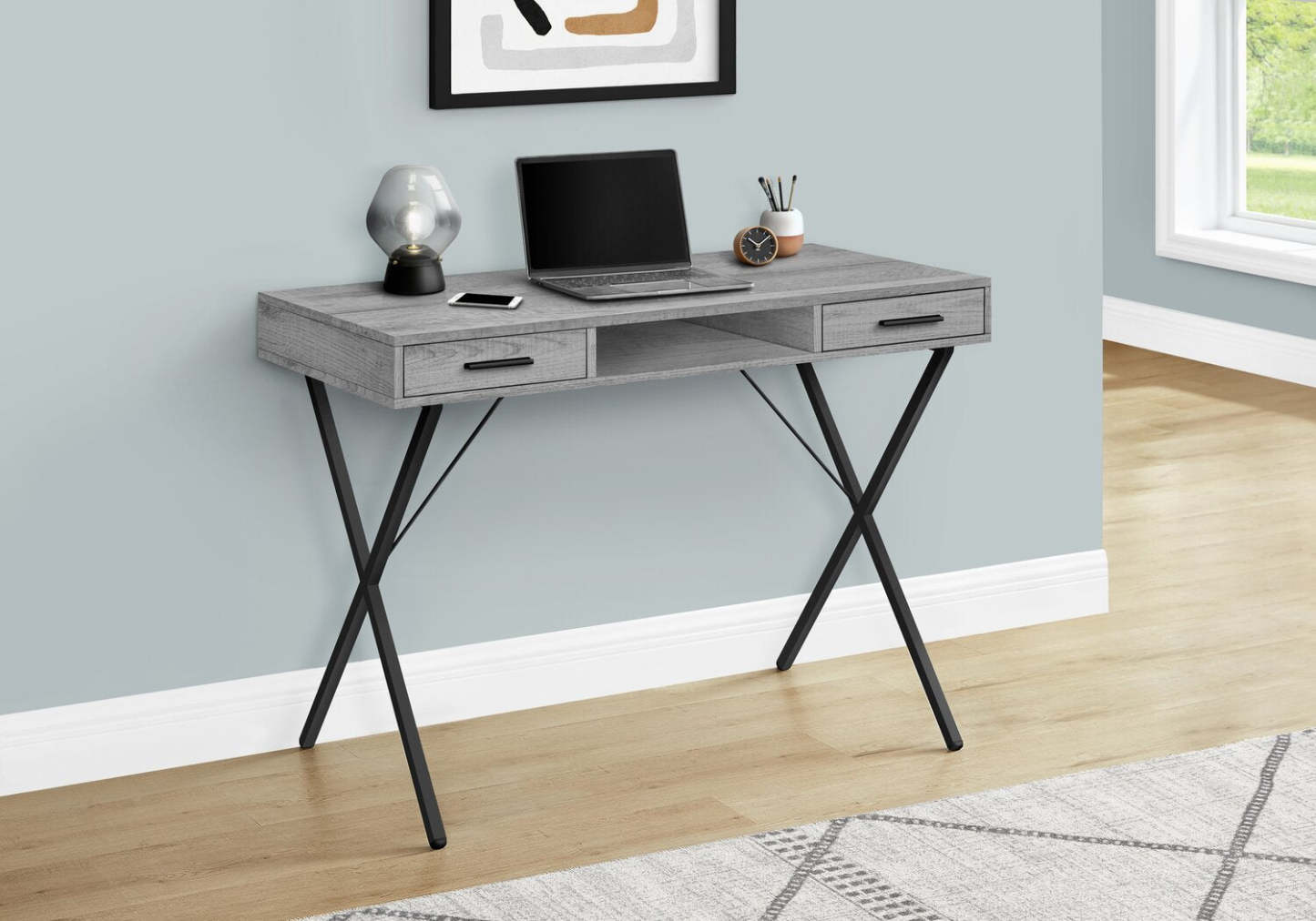 Bureau Rowan 42 avec 2 tiroirs et compartiment ouvert - Gris|Bureau Rowan de 42 po à 2 tiroirs et compartiment ouvert - gris