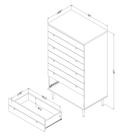 Commode de chambre à coucher Lake, 5 tiroirs, 29 L x 52 H, Fabriqué au Canada, Glam - Blanc | Commode verticale somptueuse Lake de 29 po (L) x 52 po (H) à 5 tiroirs pour la chambre à coucher, fabriquée au Canada - blanche