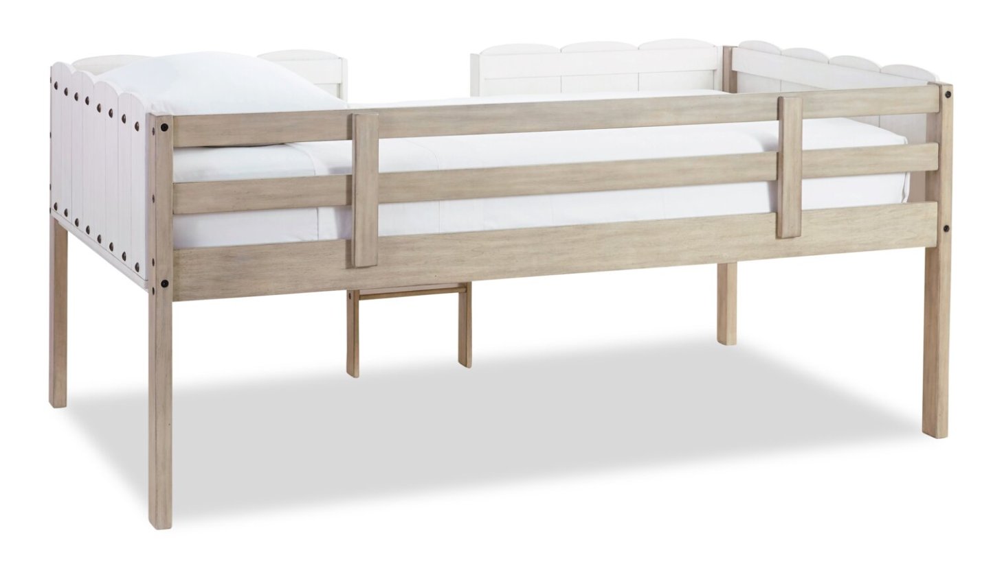 Lit mezzanine Ryan avec garde-corps et échelle pour enfants, blanc et naturel - format lit simple