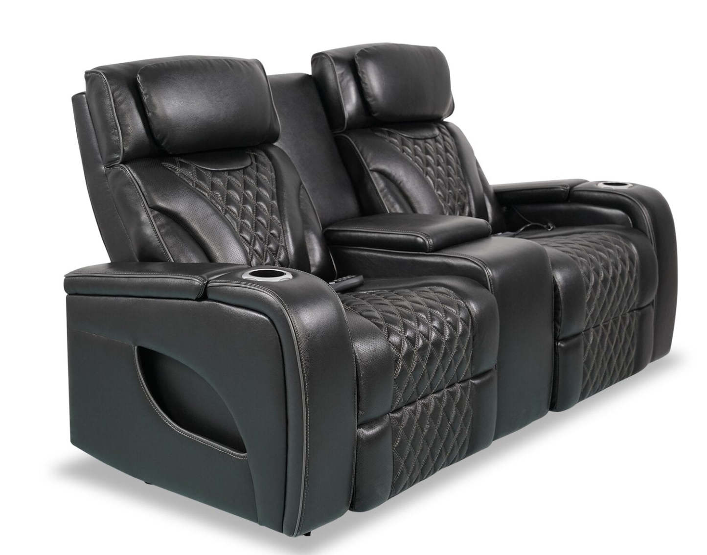 Elite 74 Genuine Leather Massage Power Reclining Loveseat with Power Headrests and Storage Arms - Black | Causeuse de massage à inclinaison électrique Elite de 74 po en cuir véritable avec appuie-têtes électriques et accoudoirs de rangement - noire