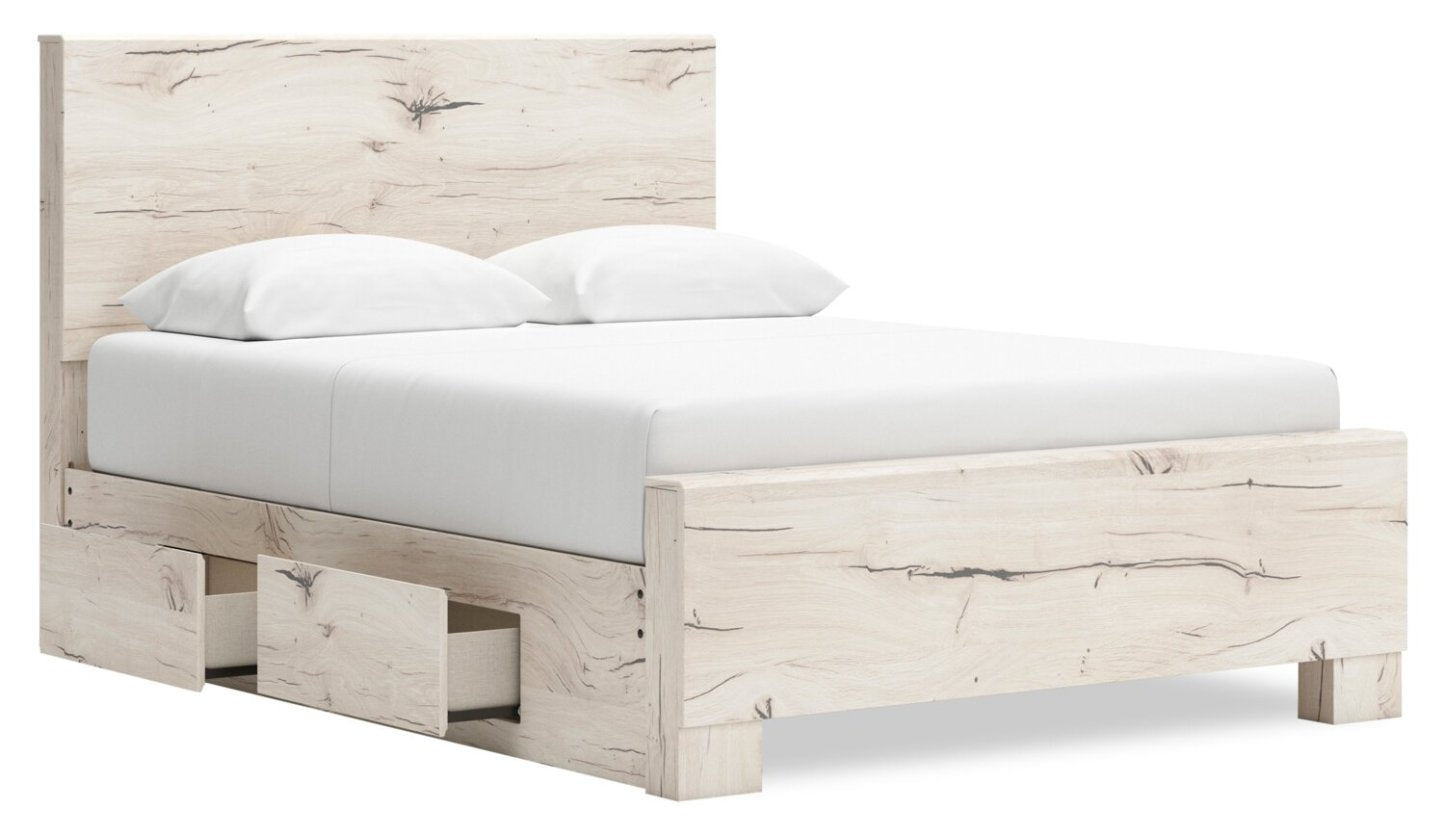 Lit de rangement Derekson blanc rustique avec 2 tiroirs latéraux intégrés - format grand lit | Derekson Storage Bed with 2 Built-In Side Drawers, Rustic White - Queen Size
