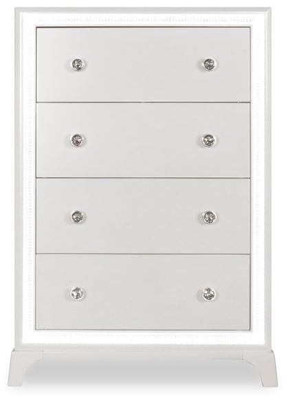 Commode de chambre Halo avec lumière LED, 4 tiroirs, 32 L x 48 H, Glam - Blanc | Commode verticale somptueuse Halo de 32 po (l) x 48 po (H) à 4 tiroirs avec éclairage à DEL pour la chambre à coucher - blanche
