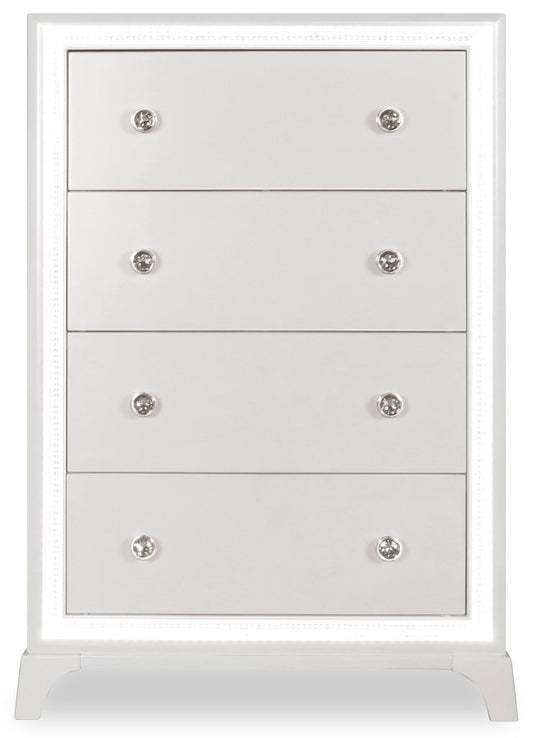 Commode de chambre Halo avec lumière LED, 4 tiroirs, 32 L x 48 H, Glam - Blanc | Commode verticale somptueuse Halo de 32 po (l) x 48 po (H) à 4 tiroirs avec éclairage à DEL pour la chambre à coucher - blanche