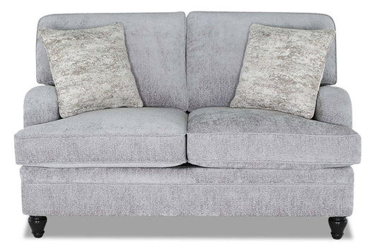 Made in Canada Bellmont 64 Chenille Fabric Loveseat with Reversible Cushions and Wood Legs - Platinum Grey | Causeuse Bellmont de 64 po fabriquée au Canada en tissu de chenille avec coussins réversibles et pattes en bois - gris platine