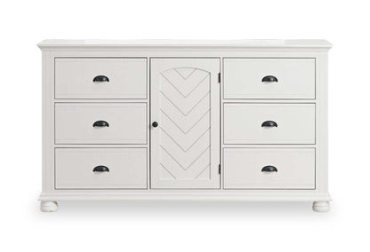 Ensemble de chambre à coucher Ella 6 pièces avec lit à panneaux, commode, miroir et table de nuit, blanc - Pleine grandeur | Ensemble de chambre à coucher Ella 6 pièces blanc avec lit à panneaux, commode, miroir et table de nuit - format lit double