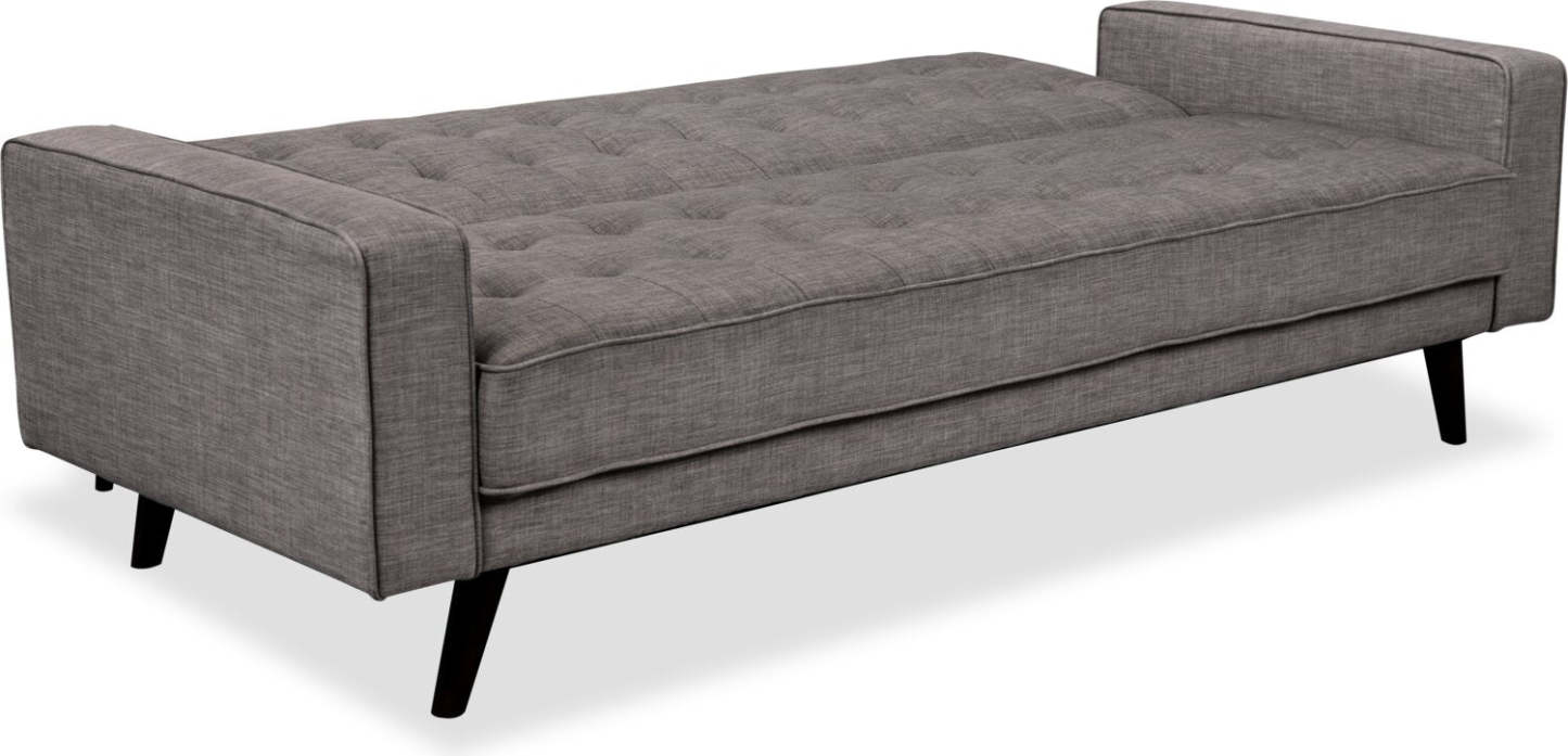 Futon Klik Klak Avery 81,5 en tissu d'apparence lin avec capitonnage et deux oreillers d'accoudoir - Gris | Futon Avery de 81,5 po en tissu d'apparence lin avec mécanisme Klik Klak, capitonnage et deux accoudoirs coussinés - gris