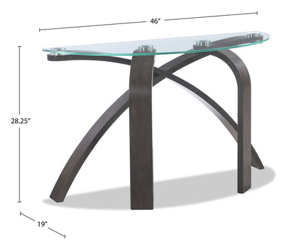 Jorja 46 Modern Glass Top Sofa Table - Brown with Bentwoood Legs|Table de salon moderne Jorja de 46 po avec dessus en verre - brune avec pattes en bois cintré