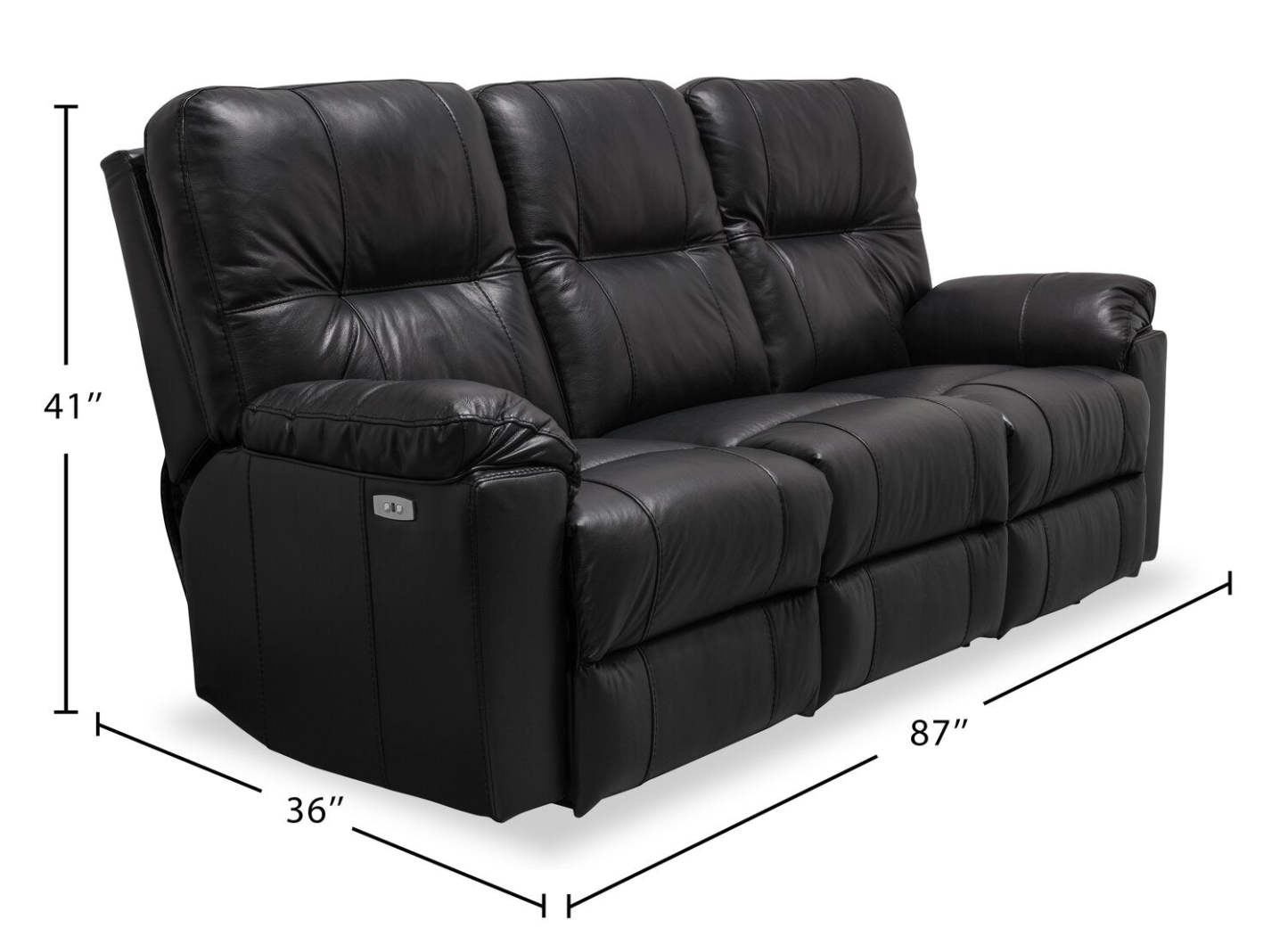 Sofa à inclinaison électrique Dawson de 87 po fabriqué au Canada en cuir véritable avec port USB et oussins décoratifs - noir