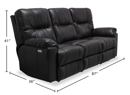 Sofa à inclinaison électrique Dawson de 87 po fabriqué au Canada en cuir véritable avec port USB et oussins décoratifs - noir