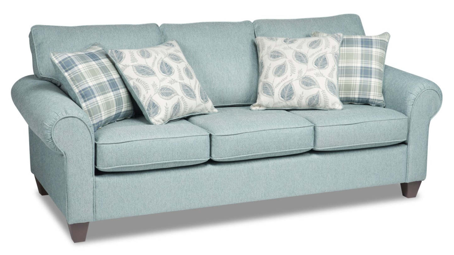 Fabriqué au Canada, canapé Scarlett de 87 po en tissu de chenille avec accoudoirs enroulés et coussins décoratifs - bleu marine
