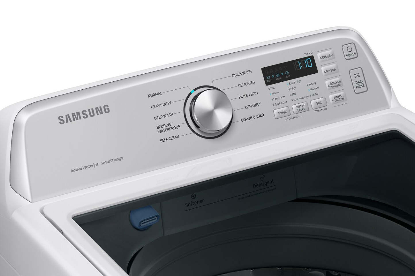 Samsung 5,3 pi³ Laveuse à chargement par le haut et 7,4 pi³ Sécheuse électrique - blanche | Laveuse à chargement par le haut de 5,3 pi³ et sécheuse électrique de 7,4 pi³ de Samsung - blanches | SATL350A