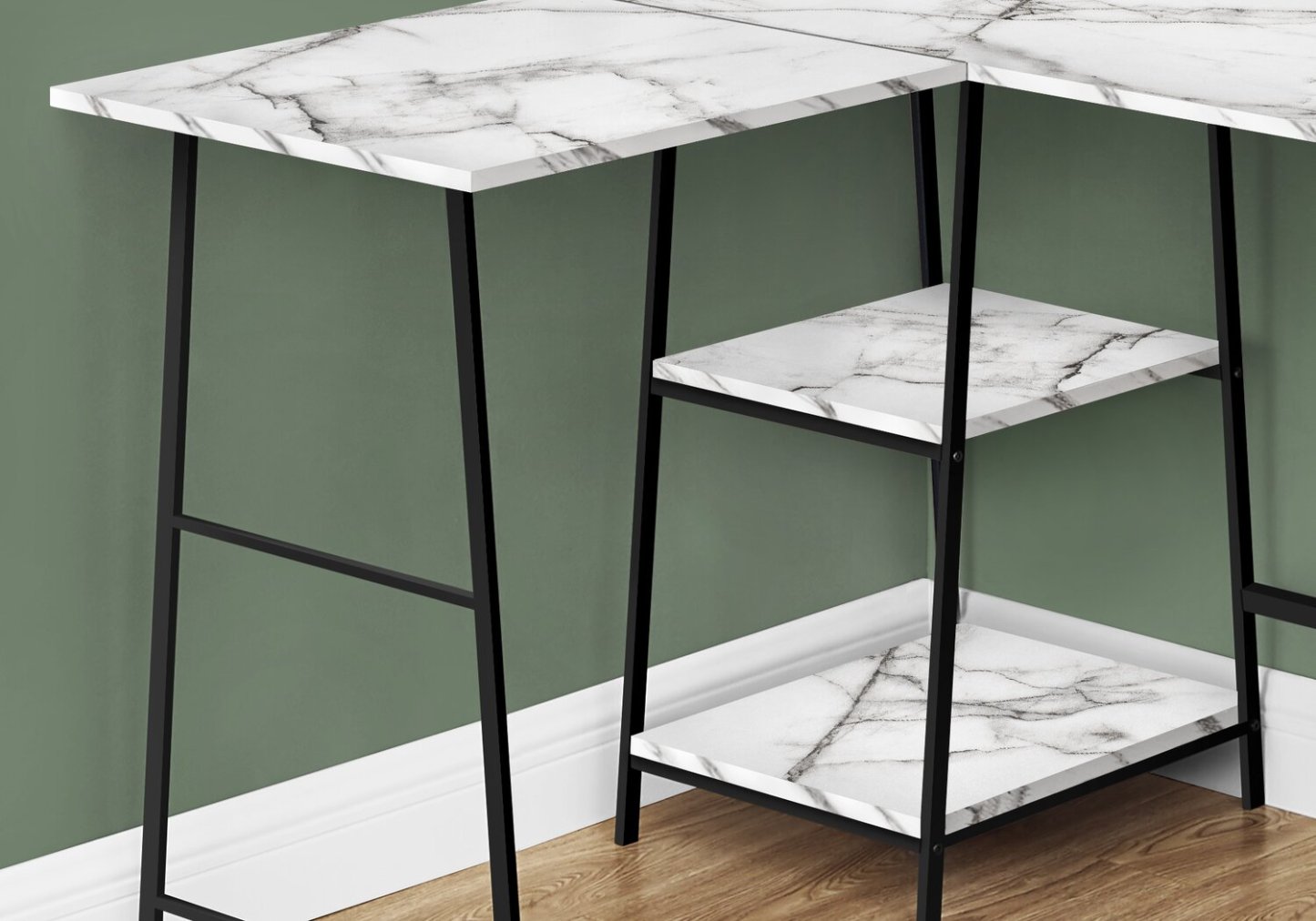 Evlin 42 L-Shaped Office Desk with Shelves - White Marble-Look|Bureau en forme de L Evlin de 42 po à tablettes - apparence marbre blanc