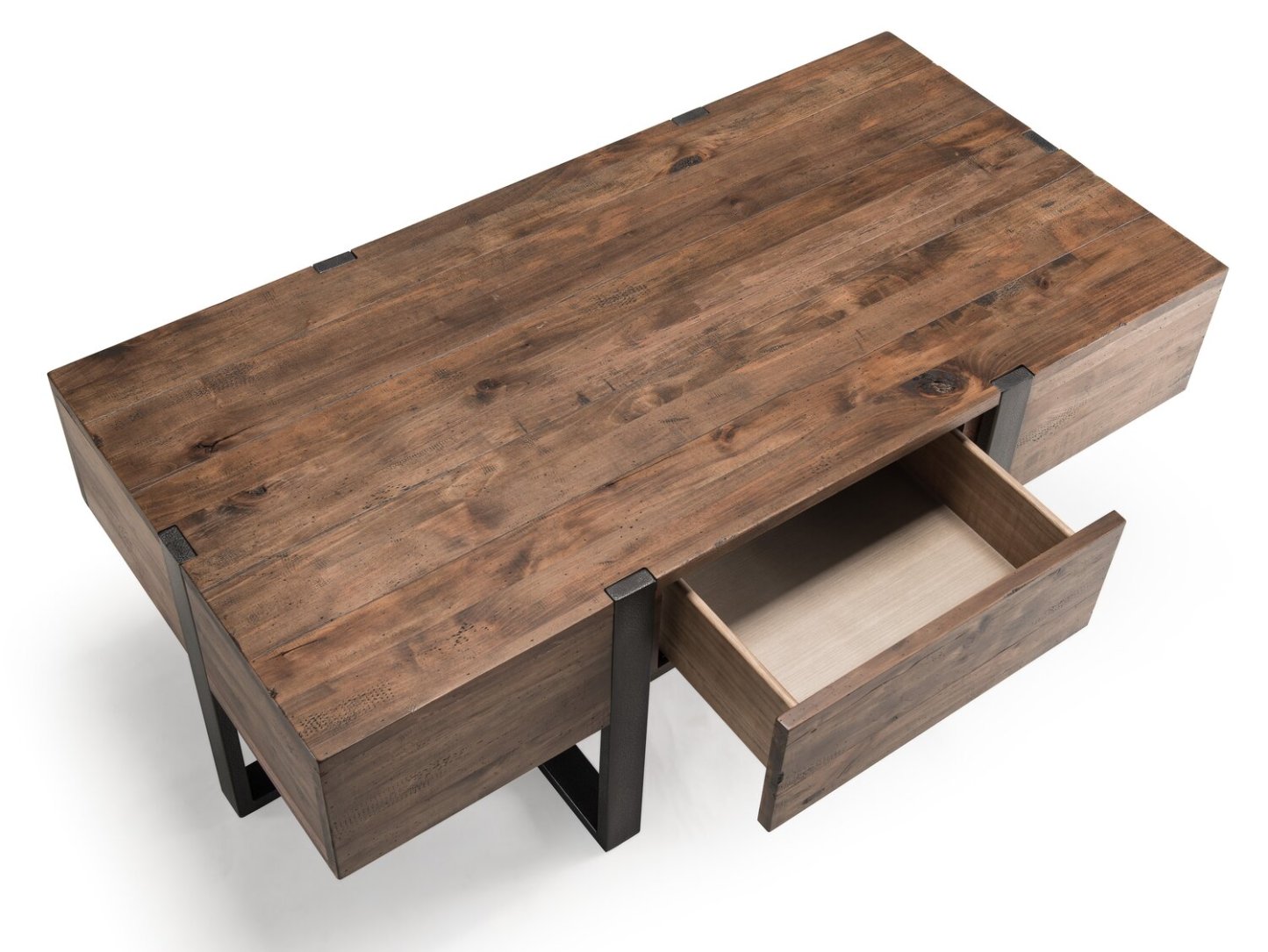 Table de salon moderne Manchester de 54 po avec rangement et tablette - bois brun avec base en fer