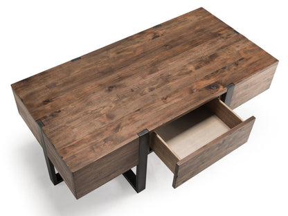 Table de salon moderne Manchester de 54 po avec rangement et tablette - bois brun avec base en fer