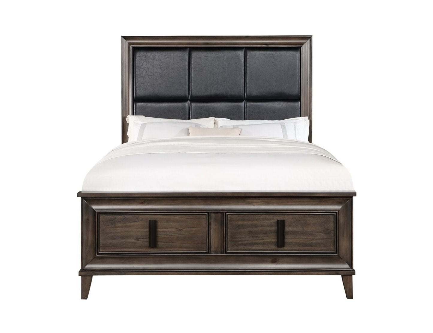 Kane 6 pièces Ensemble de chambre à coucher avec lit de rangement, commode, miroir et table de nuit, cuir végétalien, brun - taille queen