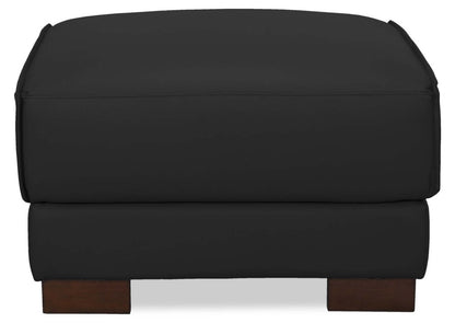 Pouf Citadel 28 en cuir véritable de première qualité avec pieds en bois - Noir | Pouf Citadel de 28 po en cuir de qualité supérieure avec pattes en bois véritable - noir