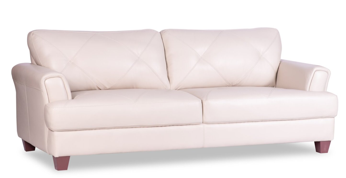 Chateau d’Ax Vita 87 canapé en cuir 100 % véritable avec coutures à motif de diamant et pattes en bois - blanc fumée | Sofa Vita de Château d’Ax de 87 po en cuir 100 % véritable avec coutures à motif de diamant et pattes en bois - blanc fumée