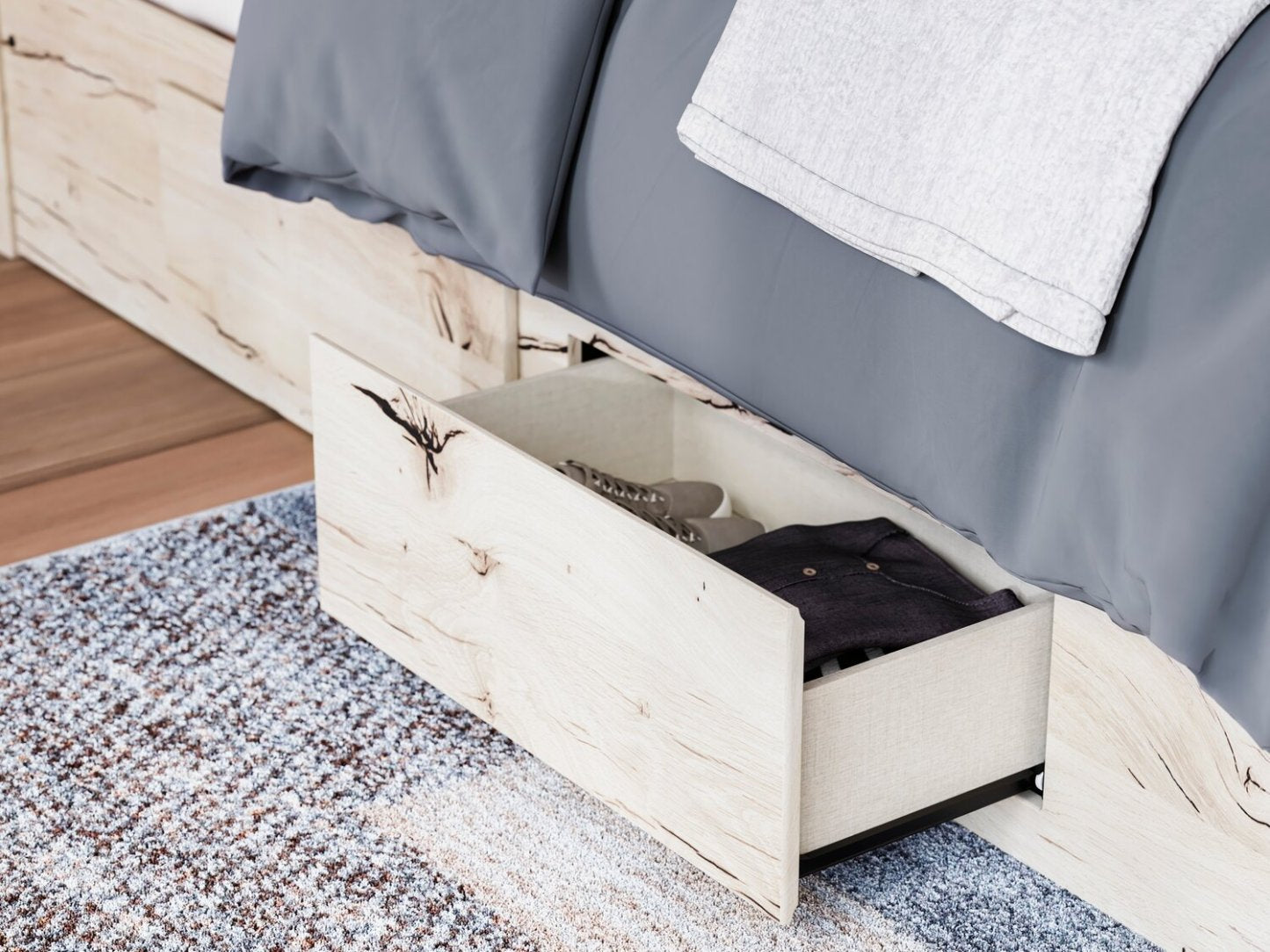 Lit de rangement Derekson blanc rustique avec 2 tiroirs latéraux intégrés - format très grand lit | Derekson Storage Bed with 2 Built-In Side Drawers, Rustic White - King Size