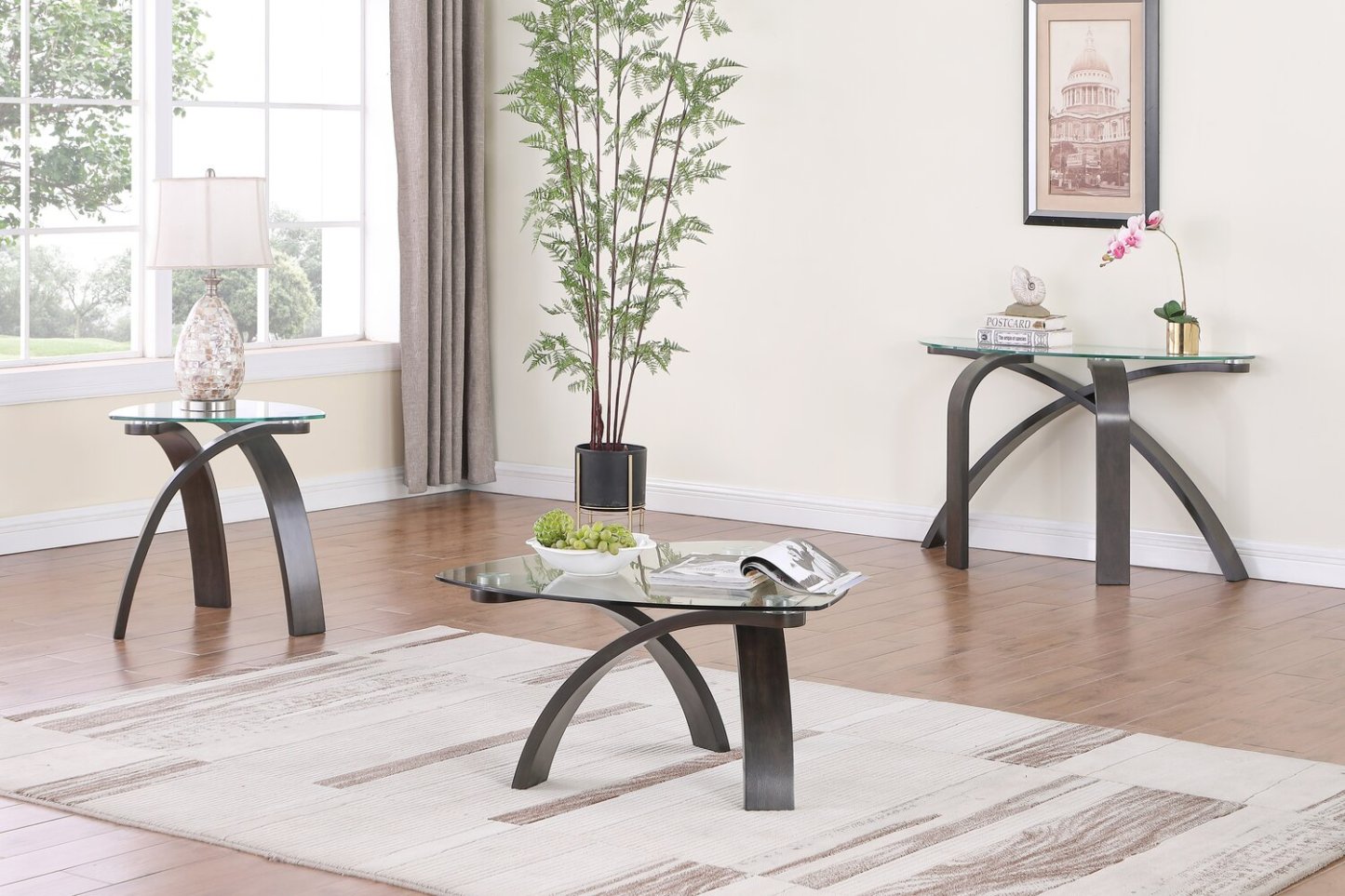 Jorja 46 Modern Glass Top Sofa Table - Brown with Bentwoood Legs|Table de salon moderne Jorja de 46 po avec dessus en verre - brune avec pattes en bois cintré