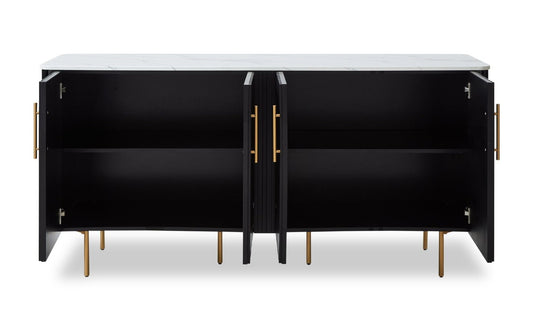 Desserte de salle à manger Capri de Kort &amp; Co. de 66 po (L) avec rangement, dessus en imitation de marbre et touches dorées - noire et blanche