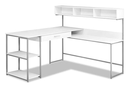 Oaklee 59 Bureau d'angle en forme de L avec huche - Blanc|Bureau en coin en forme de L Oaklee de 59 po avec crédence - blanc