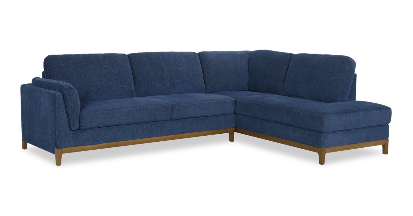 Sofa sectionnel de droite Zara 2 pièces en tissu avec fauteuil long et pattes en bois - bleu marine