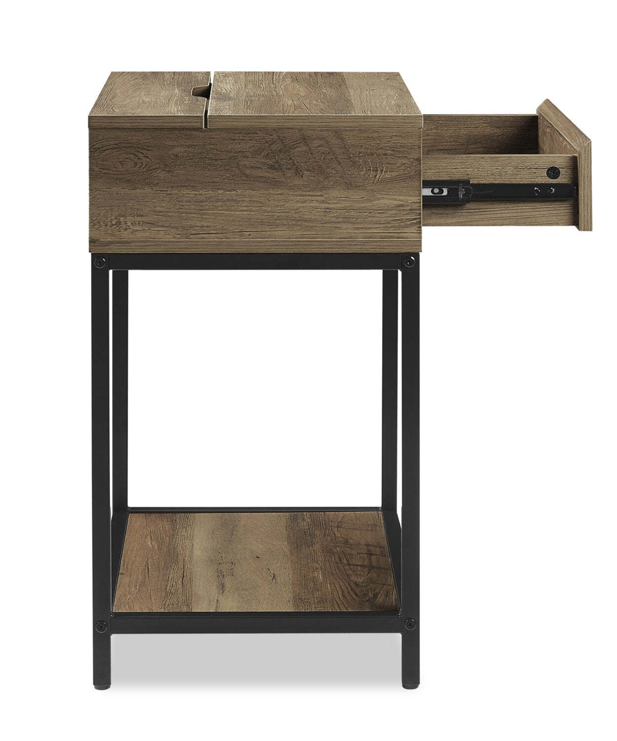 Table de nuit Akio à 1 tiroir avec rangement relevable, 18 L x 25,75 H - Marron/Noir | Table de nuit Akio de 18 po (l) x 25,75 po (H) à 1 tiroir avec dessus relevable et rangement - brune et noire