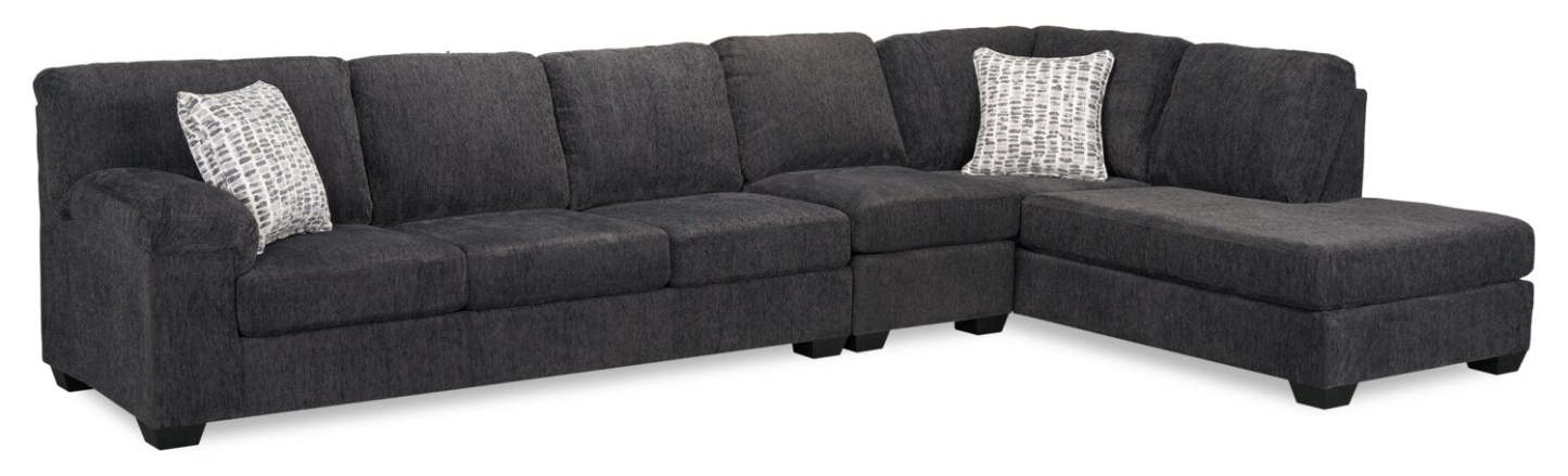 Fabriqué au Canada, canapé sectionnel de droite Morgan 3 pièces en tissu de chenille avec sofa et coussins décoratifs - gris