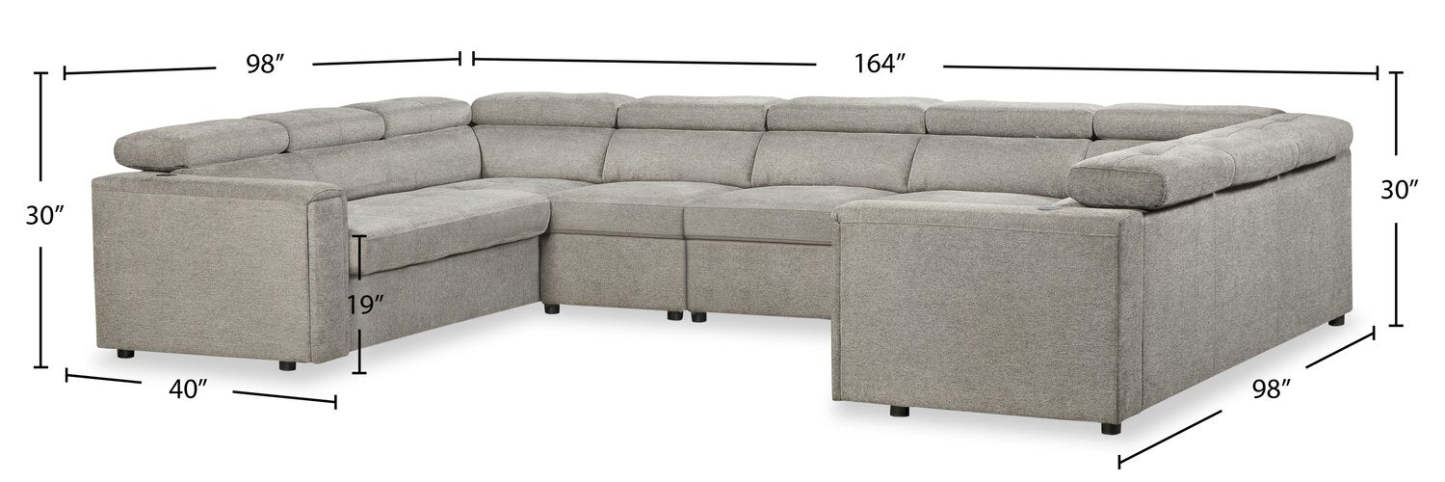 Sofa sectionnel Savvy 5 pièces en tissu d’apparence lin avec appuie-têtes réglables, porte-gobelets et port USB - gris