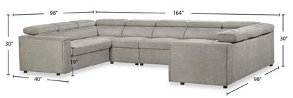 Sofa sectionnel Savvy 5 pièces en tissu d’apparence lin avec appuie-têtes réglables, porte-gobelets et port USB - gris