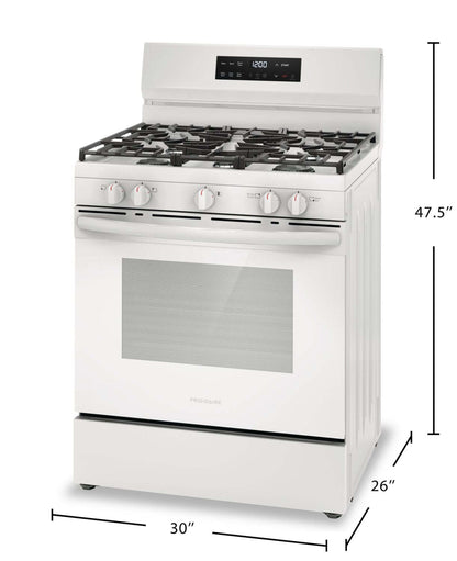 Cuisinière à gaz Frigidaire de 5,1 pi³ avec préchauffage rapide et surface de cuisson à 5 brûleurs - Blanc - FCRG3062AW | Frigidaire 5.1 Cu. Ft. Gas Range With Quick Preheat and Five Burner Cooktop -…