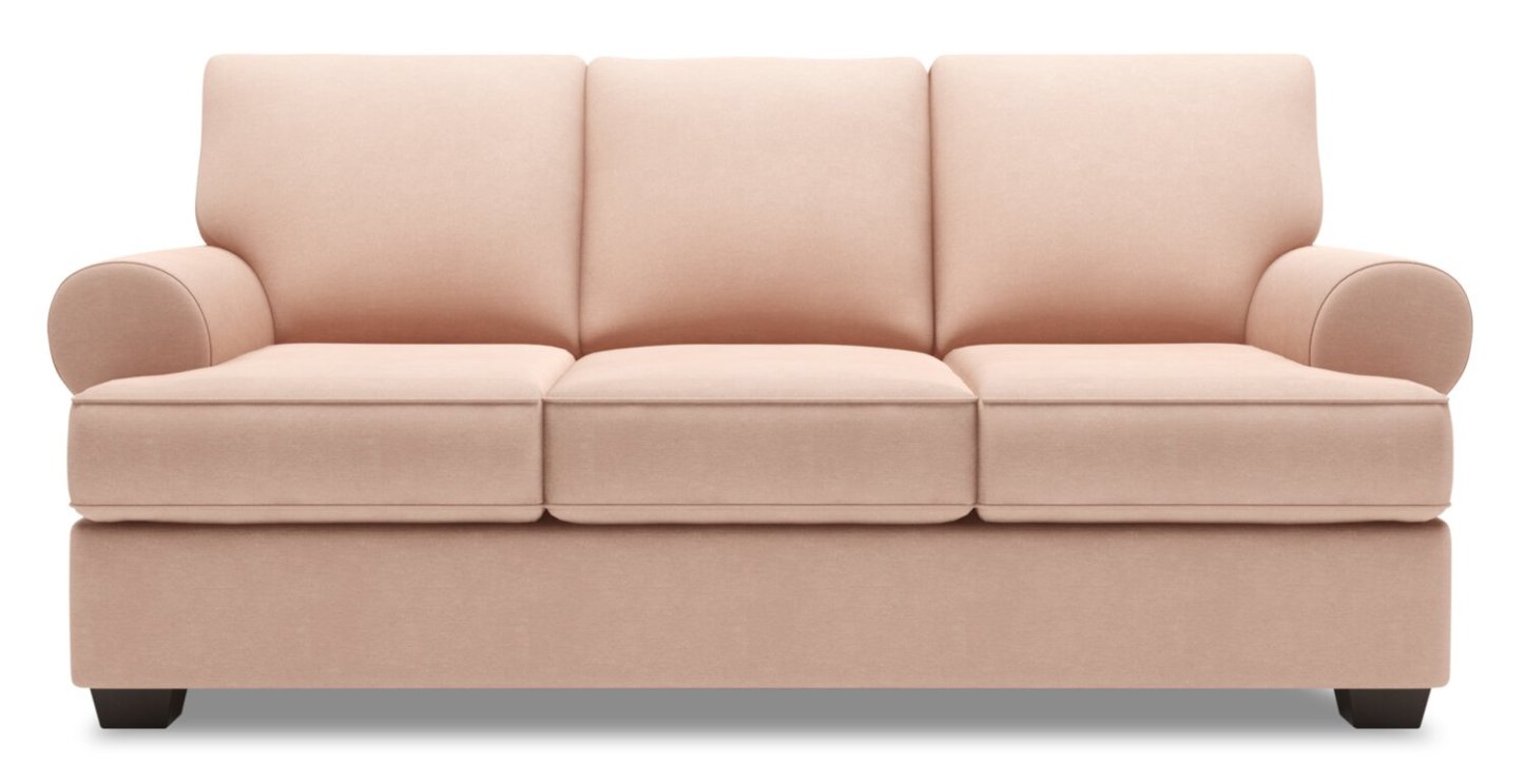 Fabriqué au Canada Canapé Personnalisable Roll 86 en Tissu d'Apparence Lin avec Accoudoirs Enroulés - Rose Pax | Canapé Roll de Sofa Lab de 86 po fabriqué au Canada en tissu d'apparence lin avec accoudoirs enroulés - rose Pax Rose | RO103249