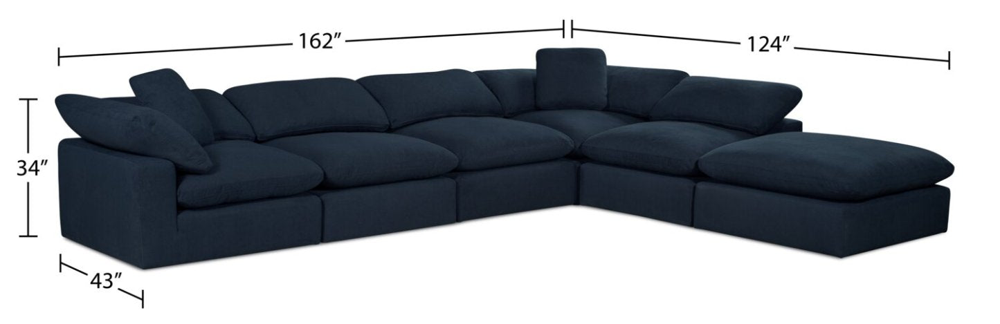 Sofa sectionnel modulaire de style cocon Eclipse 6 pièces en tissu d’apparence lin avec coussins réversibles en duvet et plumes - bleu marine