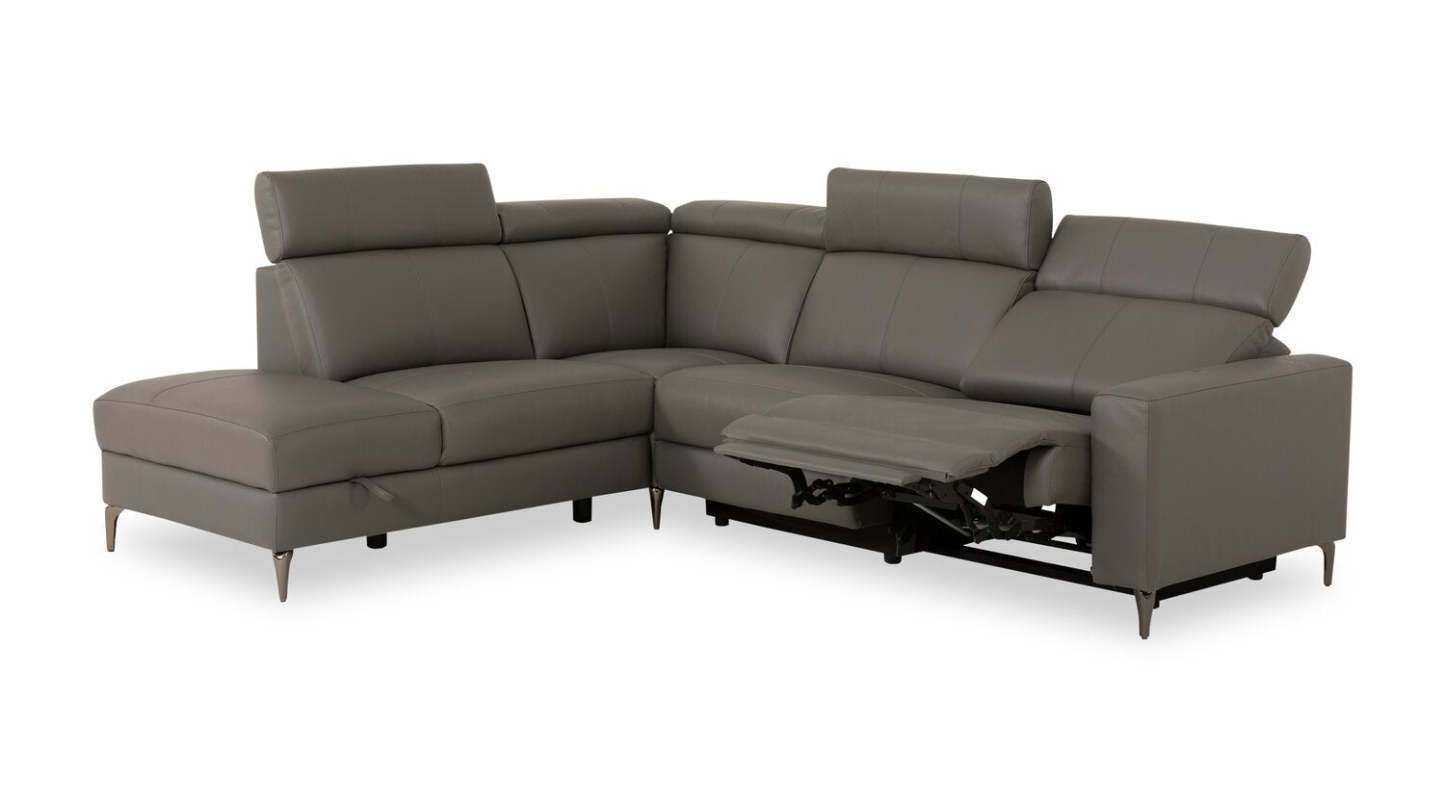 Sofa sectionnel de gauche à inclinaison électrique Valentino 3 pièces en cuir véritable avec appuie-têtes réglables - gris