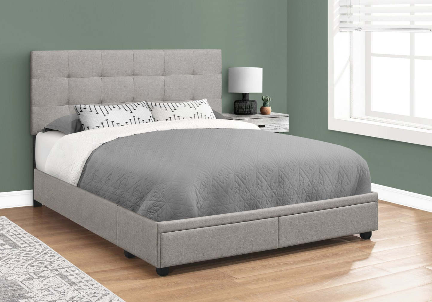 Lit plateforme de rangement rembourré Minka en tissu gris, capitonné - Queen Size | Lit plateforme rembourré Minka en tissu gris capitonné avec rangement - format grand lit