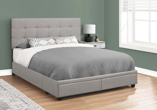Lit plateforme de rangement rembourré Minka en tissu gris, capitonné - Queen Size | Lit plateforme rembourré Minka en tissu gris capitonné avec rangement - format grand lit