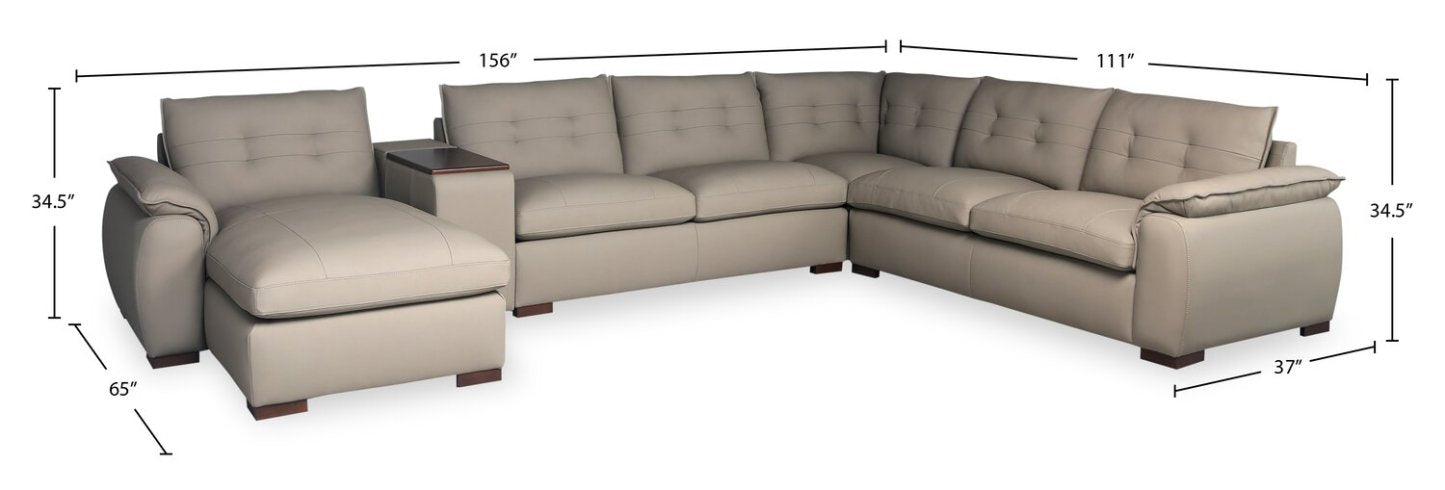 Raya Modular 5-Piece Left-Facing Genuine Leather Sectional with Storage Console and Wood Legs - Stone Beige | Canapé sectionnel modulaire de gauche Raya 5 pièces en cuir véritable avec console de rangement et pattes en bois - beige pierre