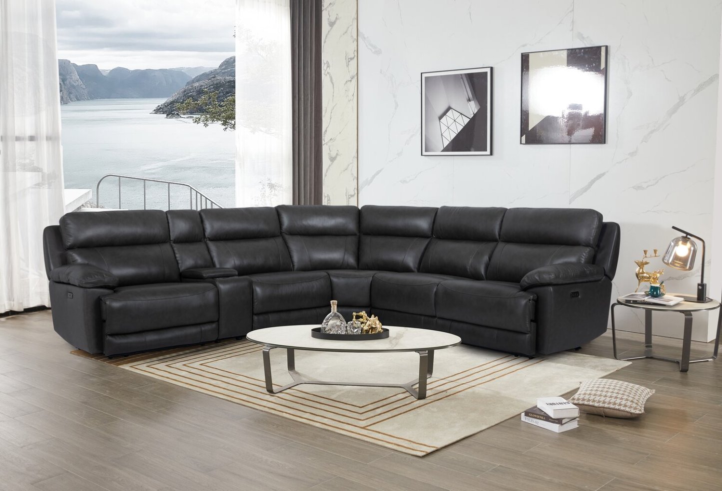 Sofa sectionnel à inclinaison électrique Sorrento 6 pièces en cuir véritable avec console de rangement et port USB - gris anthracite