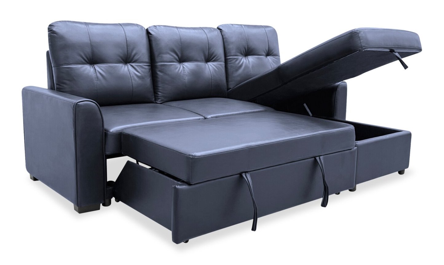 Sofa-lit sectionnel de droite Carter 2 pièces en tissu d’apparence cuir avec fauteuil long de rangement - noir