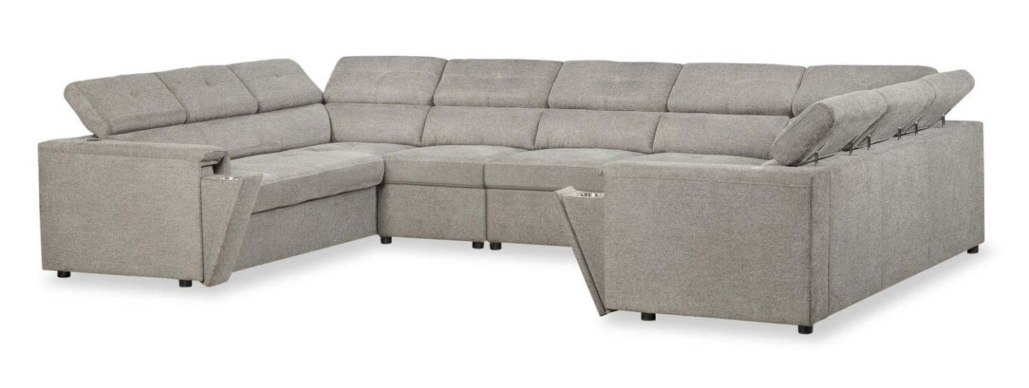 Sofa sectionnel Savvy 5 pièces en tissu d’apparence lin avec appuie-têtes réglables, porte-gobelets et port USB - gris