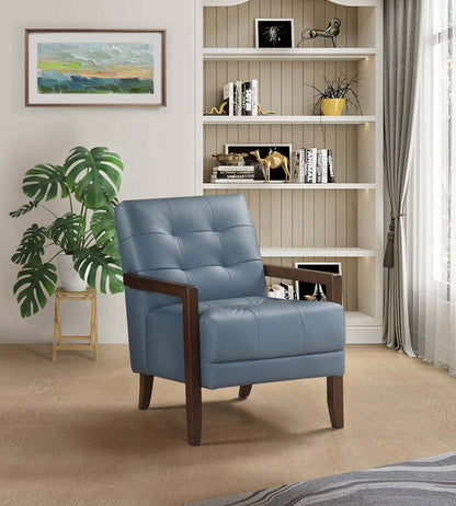 Fauteuil d'appoint Enzo 26 en cuir véritable avec capitonnage en biscuit, accoudoirs sur rail et pieds en bois - Bleu | Fauteuil d'appoint Enzo de 26 po en cuir avec capitonnage en véritable biscuit, accoudoirs rectilignes et pattes en bois - bleu