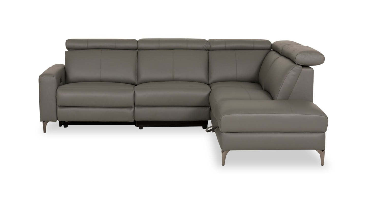 Sofa sectionnel de droite à inclinaison électrique Valentino 3 pièces en cuir véritable avec appuie-têtes réglables - gris