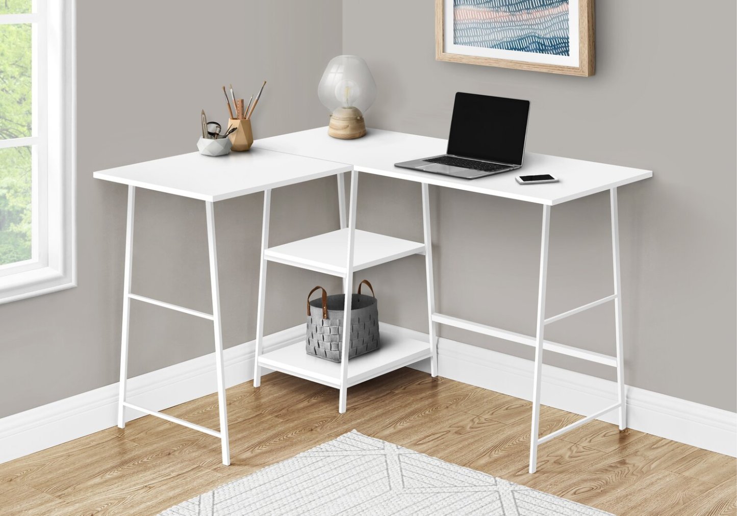 Evlin 42 L-Shaped Office Desk with Shelves - White|Bureau en forme de L Evlin de 42 po à tablettes - blanc