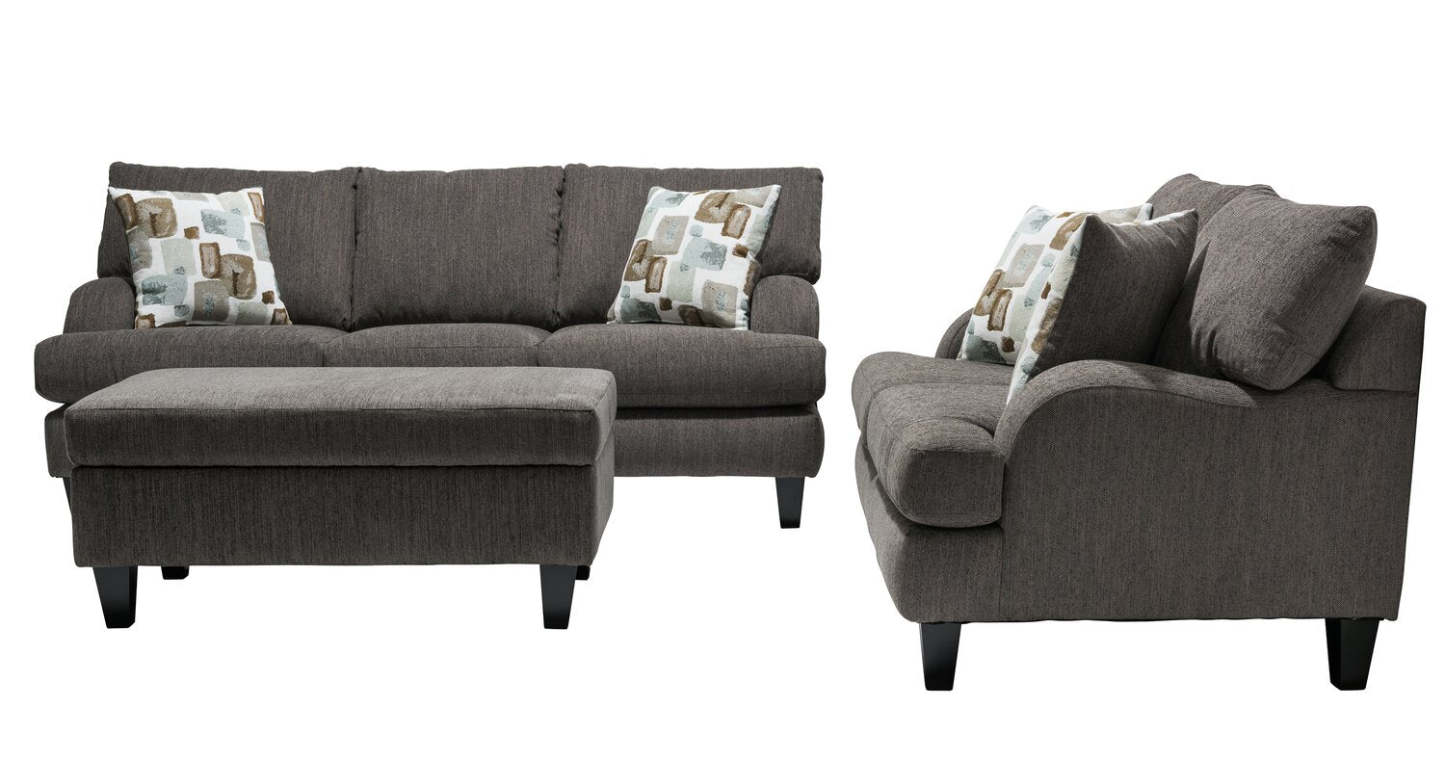 Made in Canada Nofia 58 Chenille Fabric Loveseat with Two Accent Pillows and Wood Legs - Charcoal Grey | Causeuse Nofia de 58 po fabriquée au Canada en tissu de chenille avec 2 coussins décoratifs et pattes en bois - gris anthracite